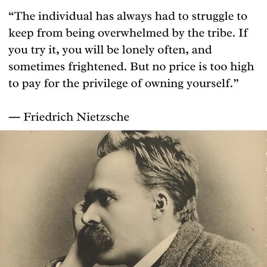 A sepia-toned portrait of Friedrich Nietzsche in profile, looking thoughtful with his hand near his face. Overlaid text…