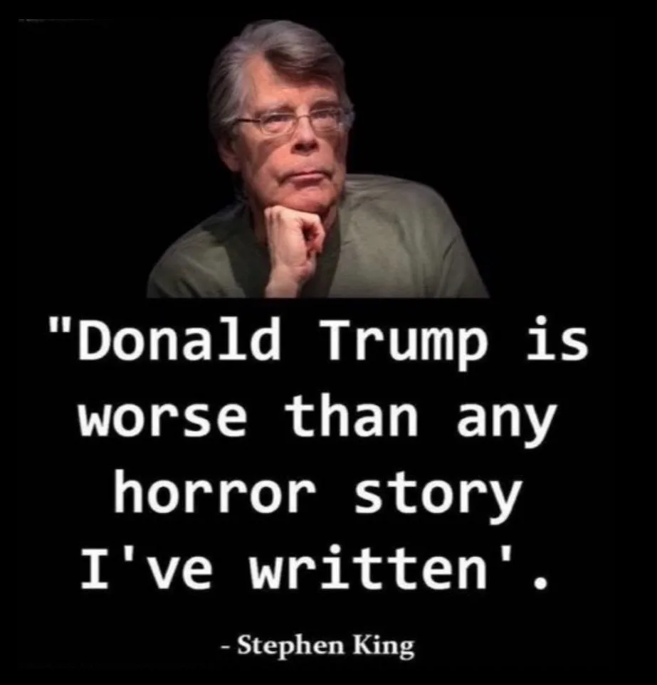 A still image of Stephen King, looking thoughtful with his hand on his chin, overlaid with white text quoting him as saying…