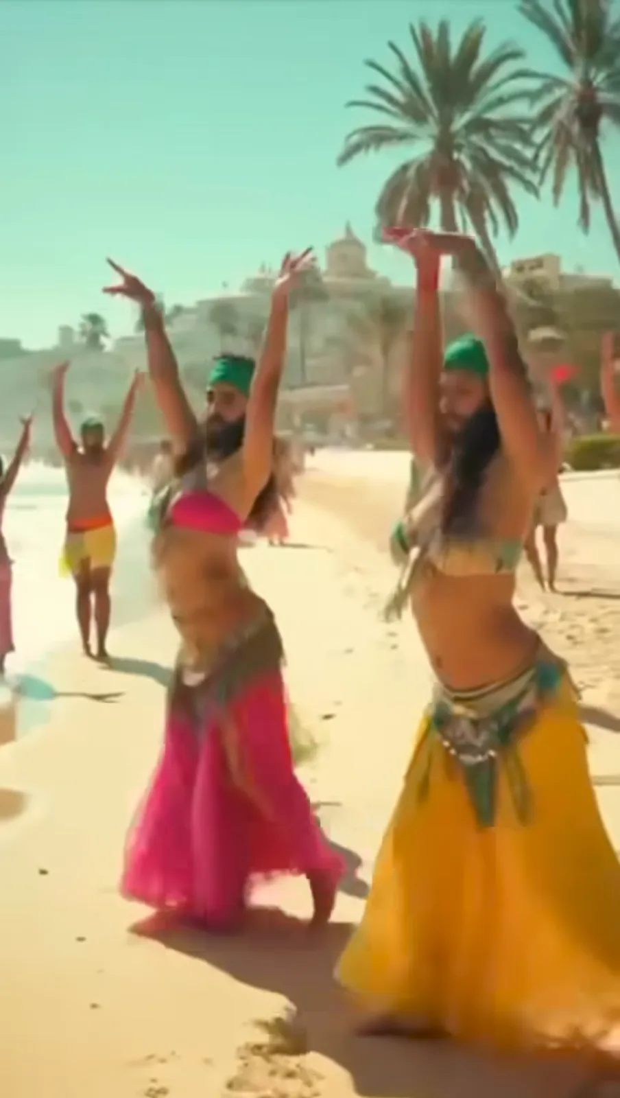 A blurry beach scene shows several men with beards and turbans dancing in colorful, flowing skirts and crop tops, mimicking…