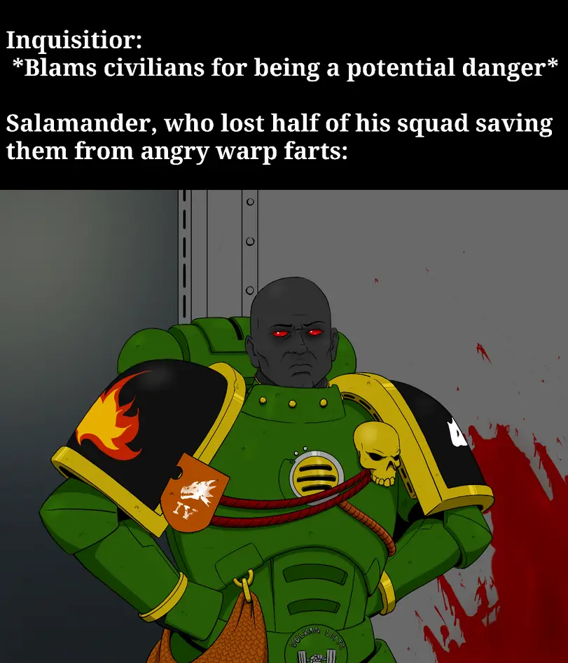 A digitally illustrated character in green power armor with red eyes, black pauldrons with flame and skull insignia, and a…