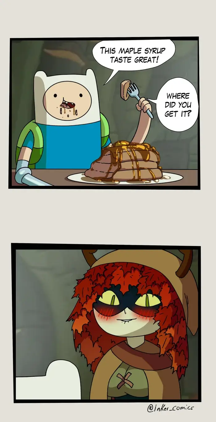 The top panel shows Finn from Adventure Time happily eating pancakes with syrup, drooling and exclaiming 'THIS MAPLE SYRUP…