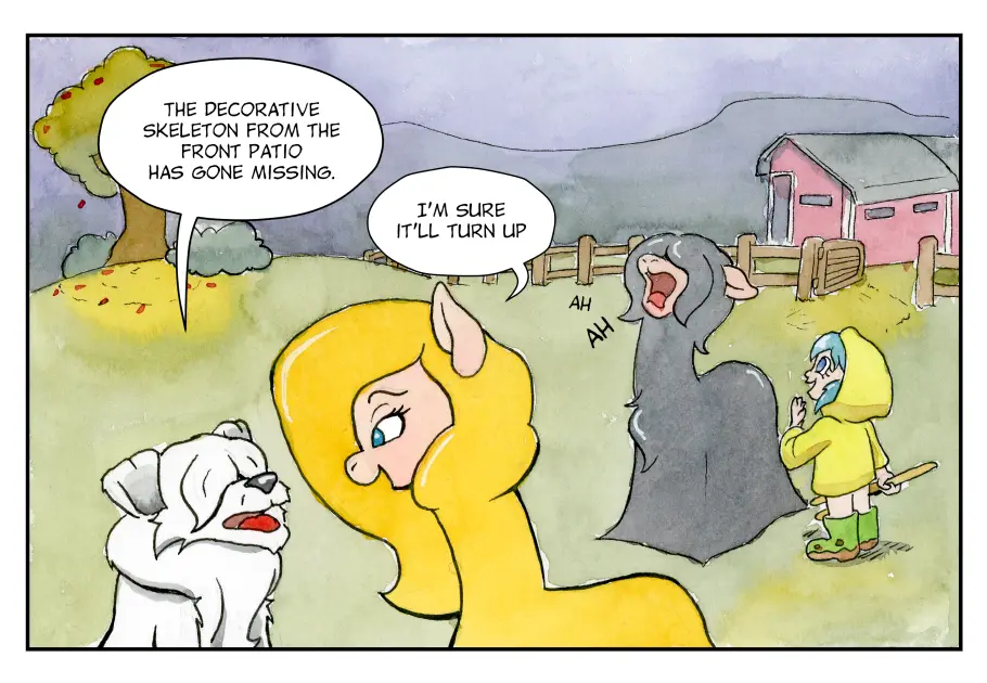 A cartoon scene shows a white dog, a yellow pony, and a small child in a yellow raincoat reacting to a missing decorative…