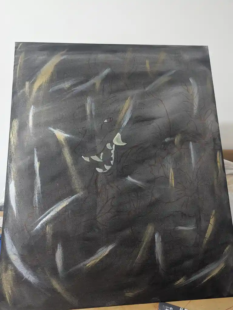 A partially painted canvas depicts a stylized panther with a snarling expression, rendered in dark tones with white and gold…