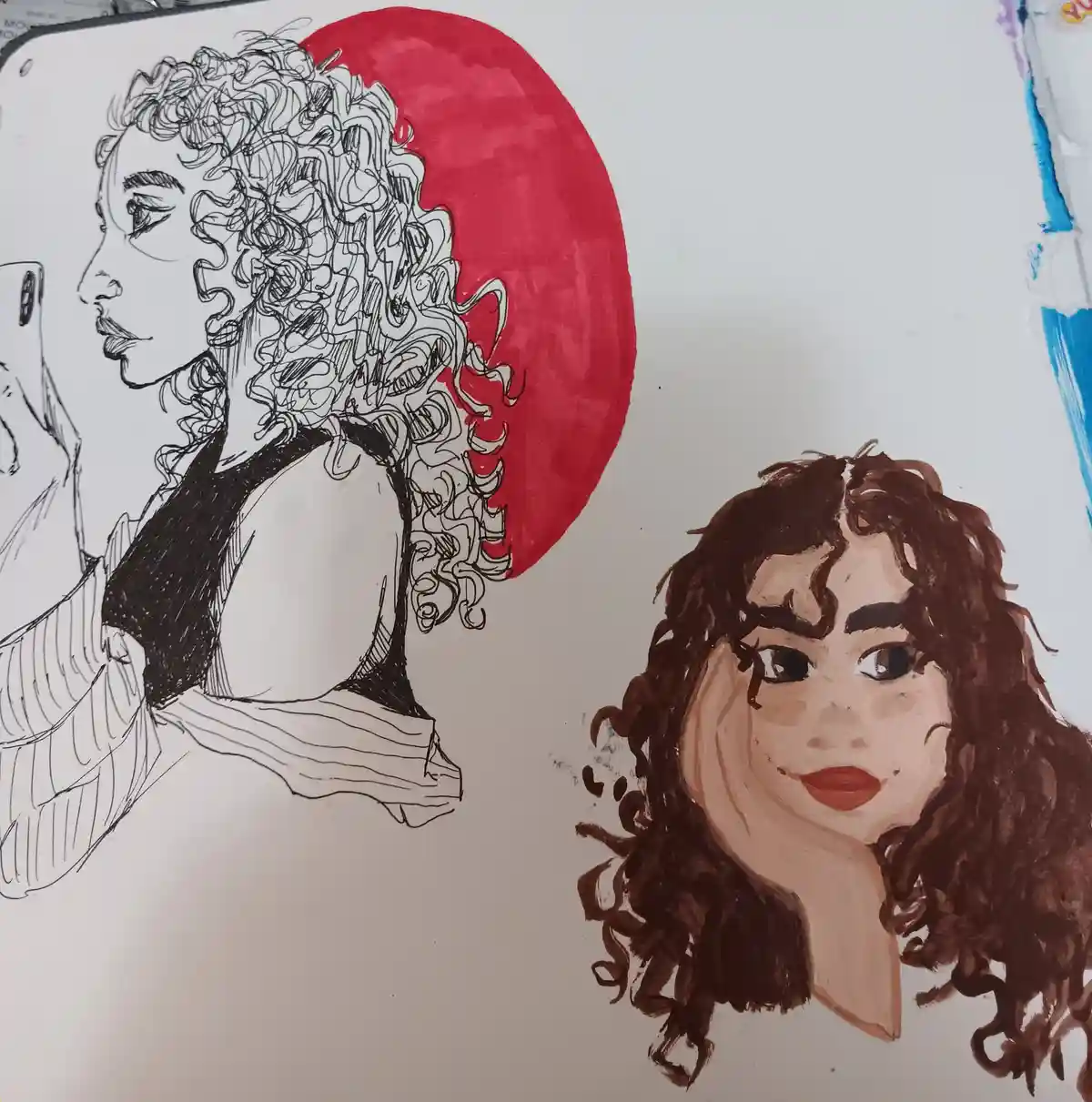 A hand-drawn image shows two portraits of a woman with curly hair. The left portrait is a black-and-white line drawing of…
