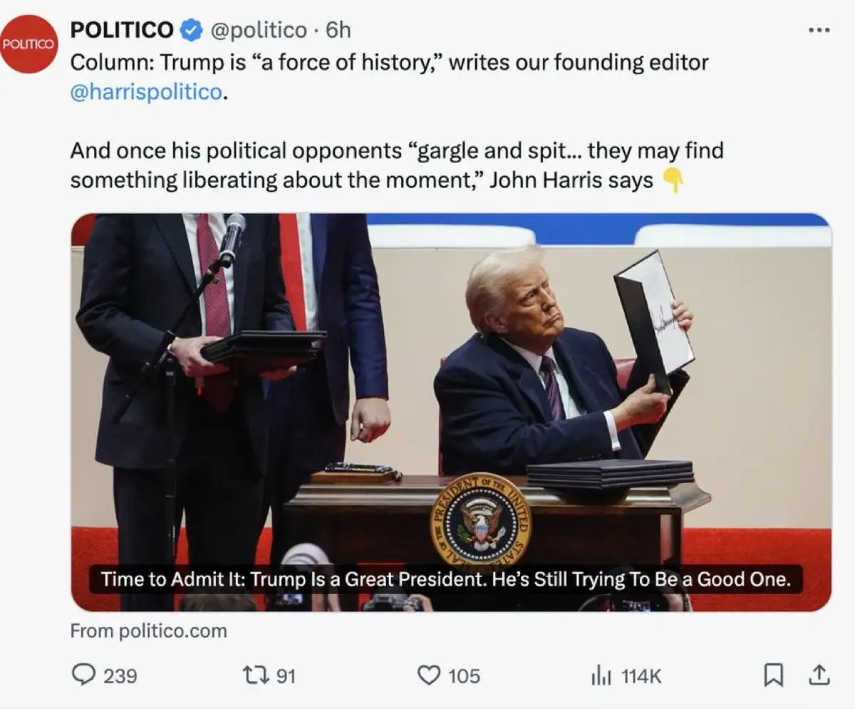 A screenshot of a Politico tweet featuring a photo of Donald Trump seated at a desk with the presidential seal, holding up a…