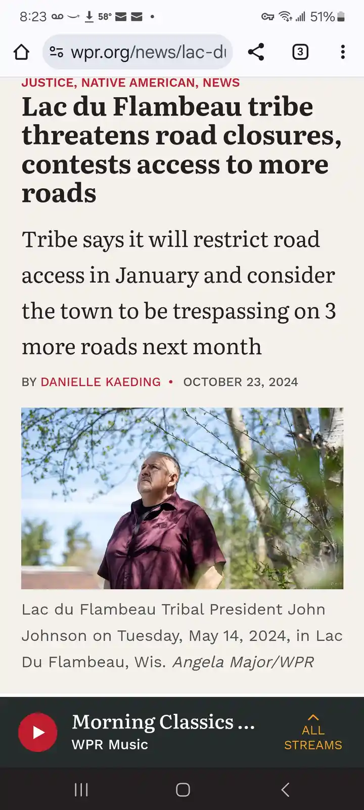 A screenshot of a WPR news article about the Lac du Flambeau tribe threatening road closures and considering trespassing on…
