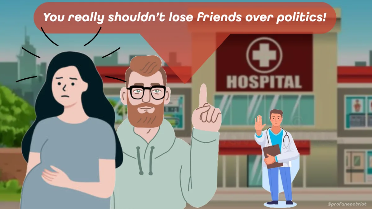 A cartoon man with glasses and a beard points upward while speaking to a visibly pregnant woman with a concerned expression…