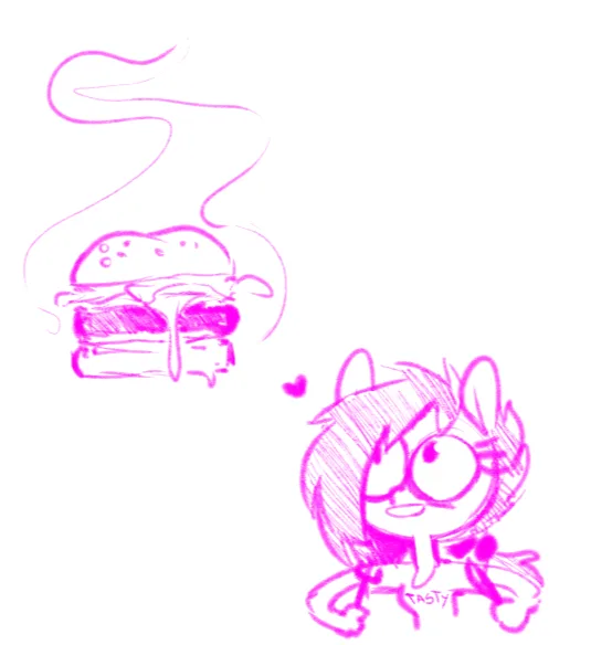 A pink-sketch-style drawing shows a cartoon character with wide eyes and a heart-shaped thought bubble looking longingly at…