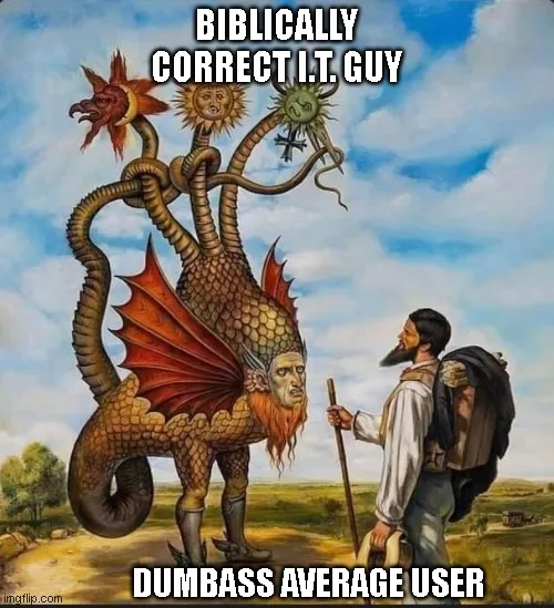 A man with a beard and backpack stands facing a large, multi-headed dragon with wings and a tail. The dragon has three…