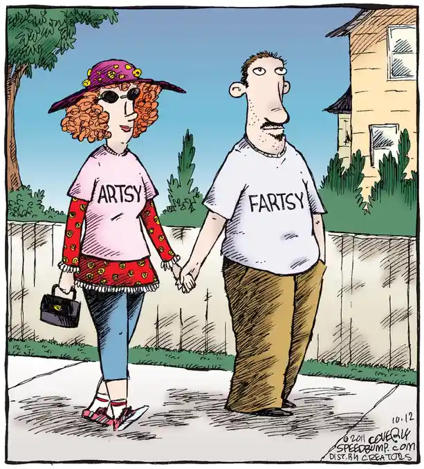 A cartoon couple walks hand-in-hand on a sidewalk; the woman wears a pink 'ARTSY' t-shirt and a colorful hat, while the man…