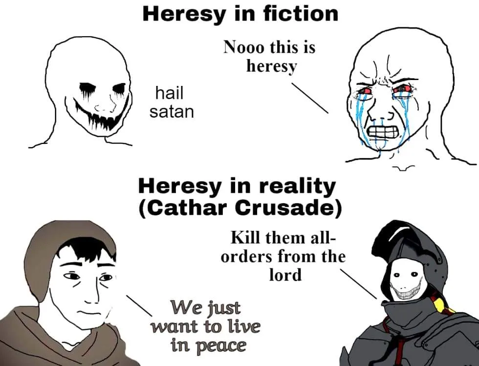 The image contrasts fictional and real-world 'heresy' scenarios. Top panel shows a demonic figure saying 'hail satan' while…