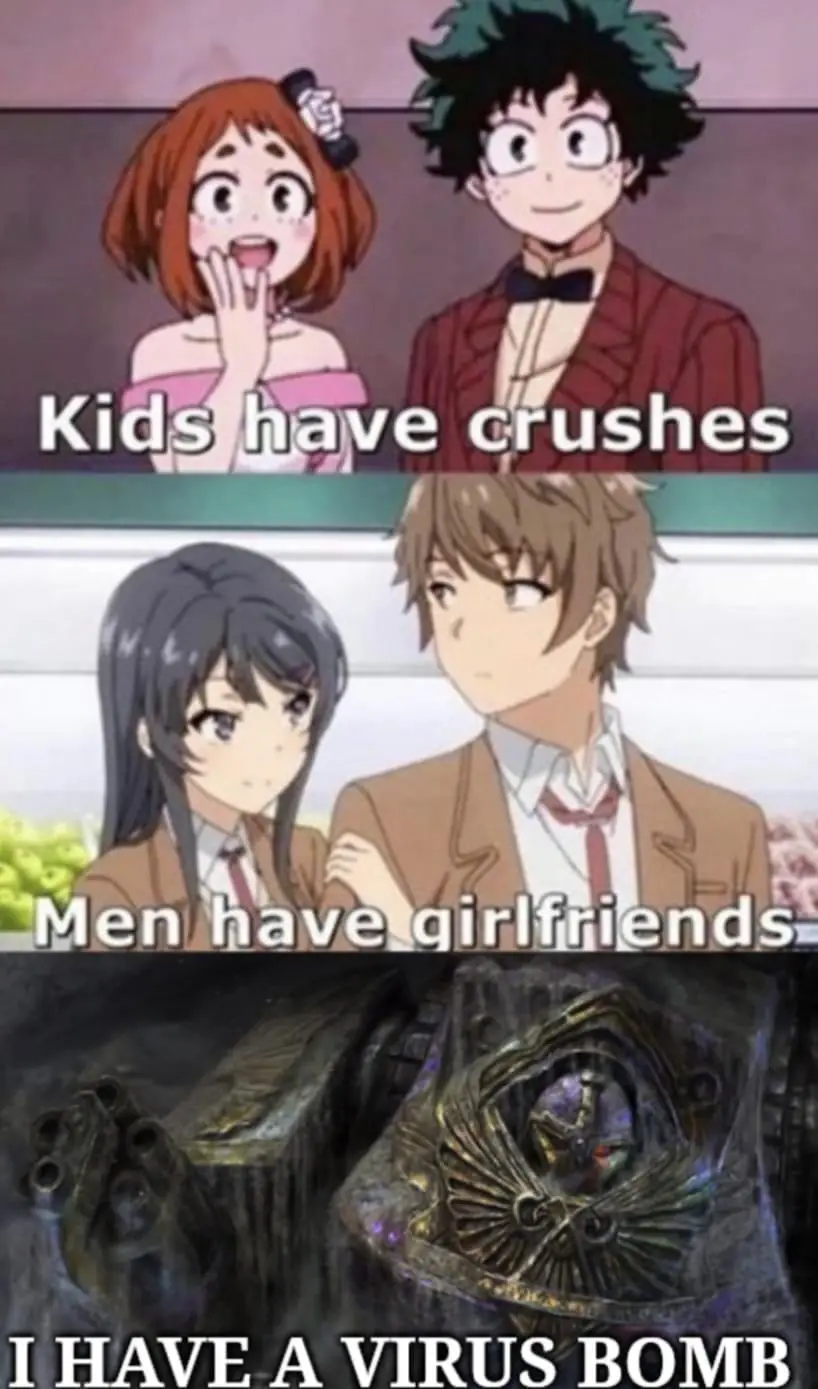 The meme is a three-panel image. The top panel shows two anime kids, a girl with red hair and a boy with green hair, with…