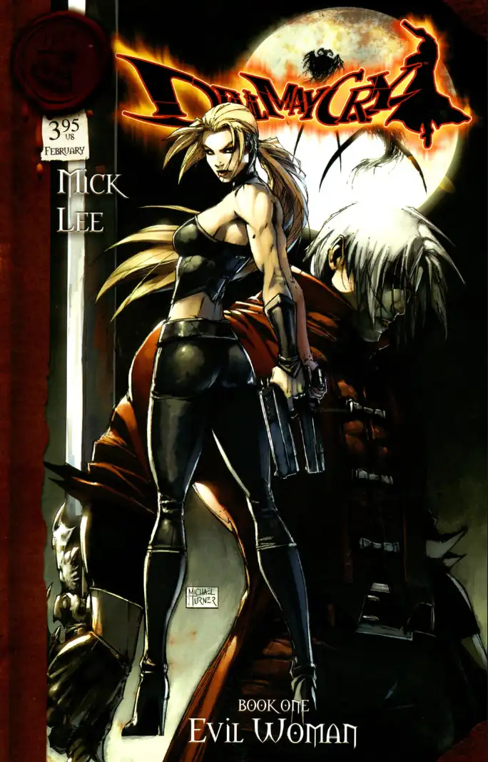 The image is a comic book cover for 'Devil May Cry' featuring a blonde woman in black leather holding two pistols, standing…