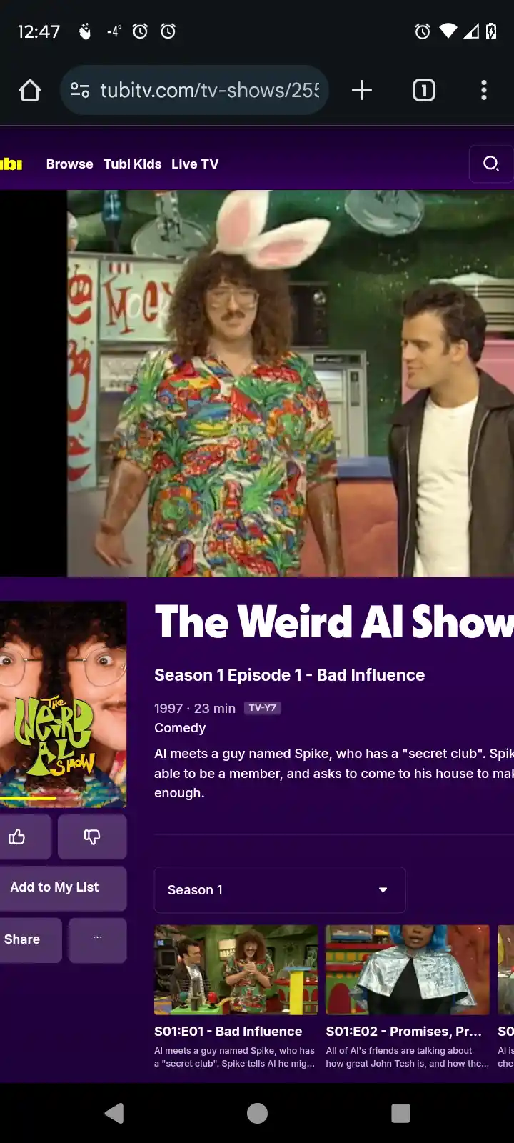 A screenshot of a Tubi TV show page for 'The Weird AI Show' Season 1 Episode 1, featuring a man in a colorful shirt and…
