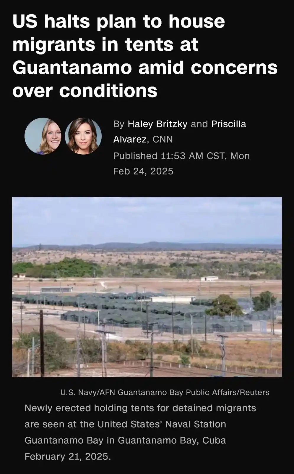 The image displays a news article screenshot with a headline about the U.S. halting a plan to house migrants in tents at…
