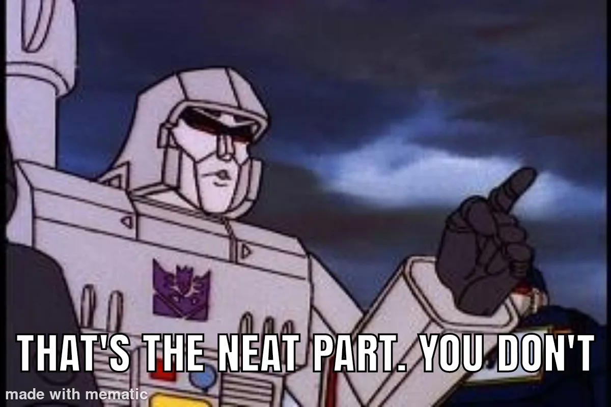 A still from the 1980s animated series 'Transformers' shows the Decepticon leader Megatron in his robot form, pointing his…