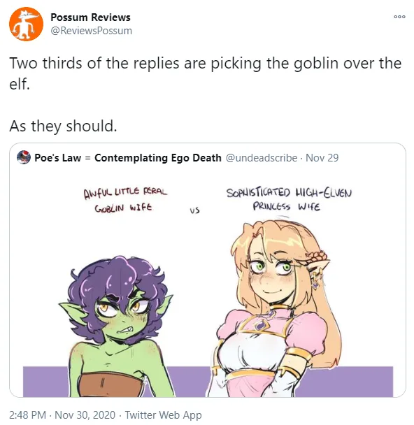 An image shows two cartoon fantasy characters: a green-skinned goblin with messy purple hair labeled 'AWFUL LITTLE RERAL…
