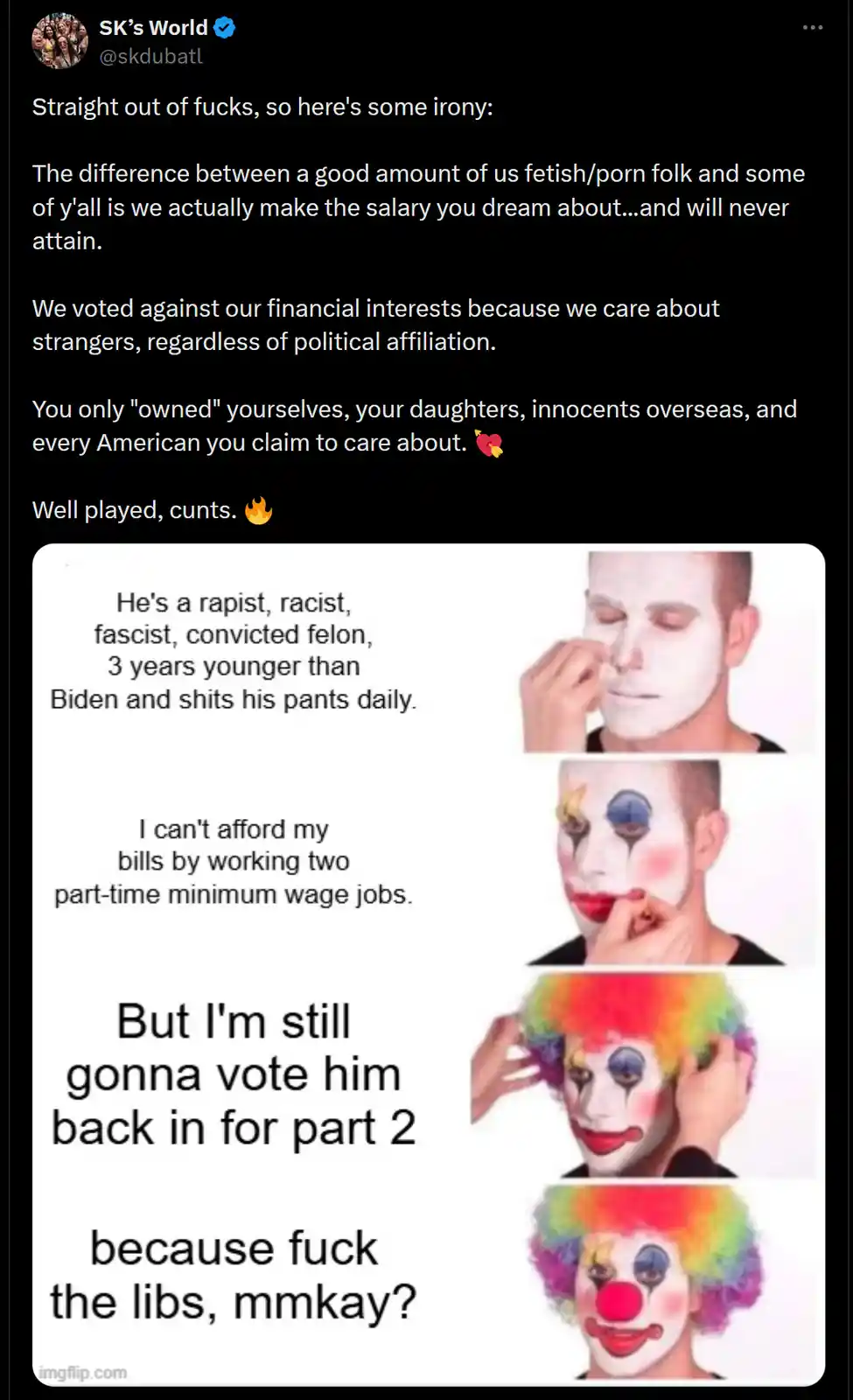 A four-panel image shows a man progressively applying clown makeup and a rainbow wig, with text overlaying each panel. The…