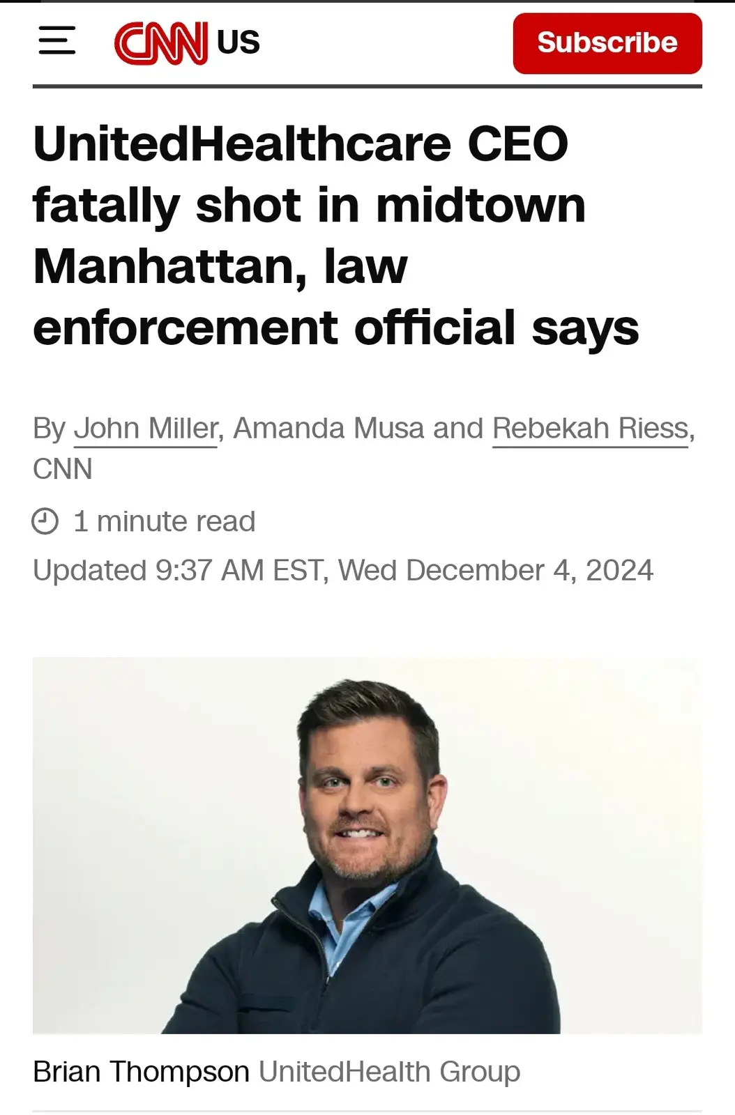 A screenshot of a CNN news article shows a photo of Brian Thompson, identified as UnitedHealthcare CEO, beneath a headline…
