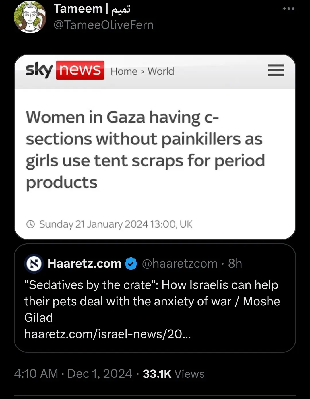 A screenshot of a Sky News article headline reading 'Women in Gaza having c-sections without painkillers as girls use tent…