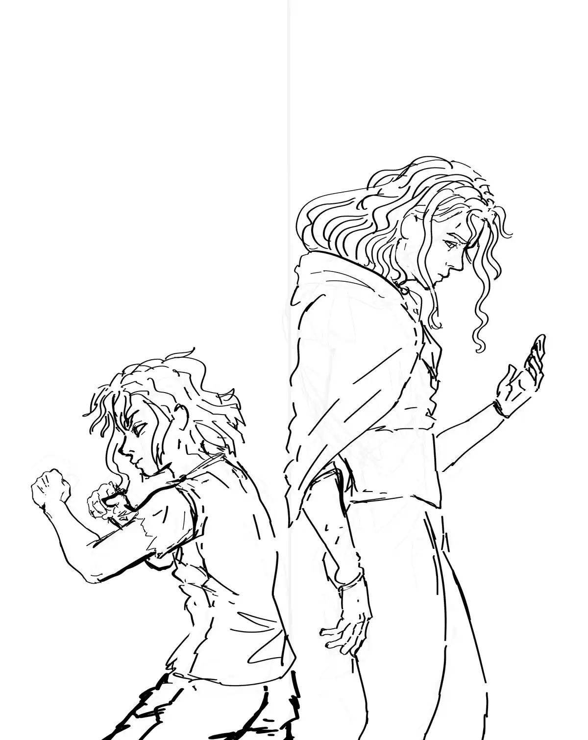A black-and-white line drawing shows two anime-style characters standing back-to-back. The character on the left is in a…