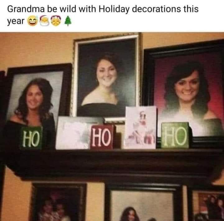 A mantel displays three framed portraits of a woman, flanked by two green blocks with 'HO' on them and a central white block…