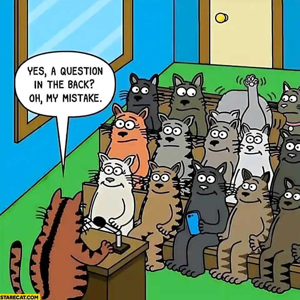 A cartoon depicts a classroom scene with many cats sitting in rows, facing a cat at a podium who is speaking. The speaker…