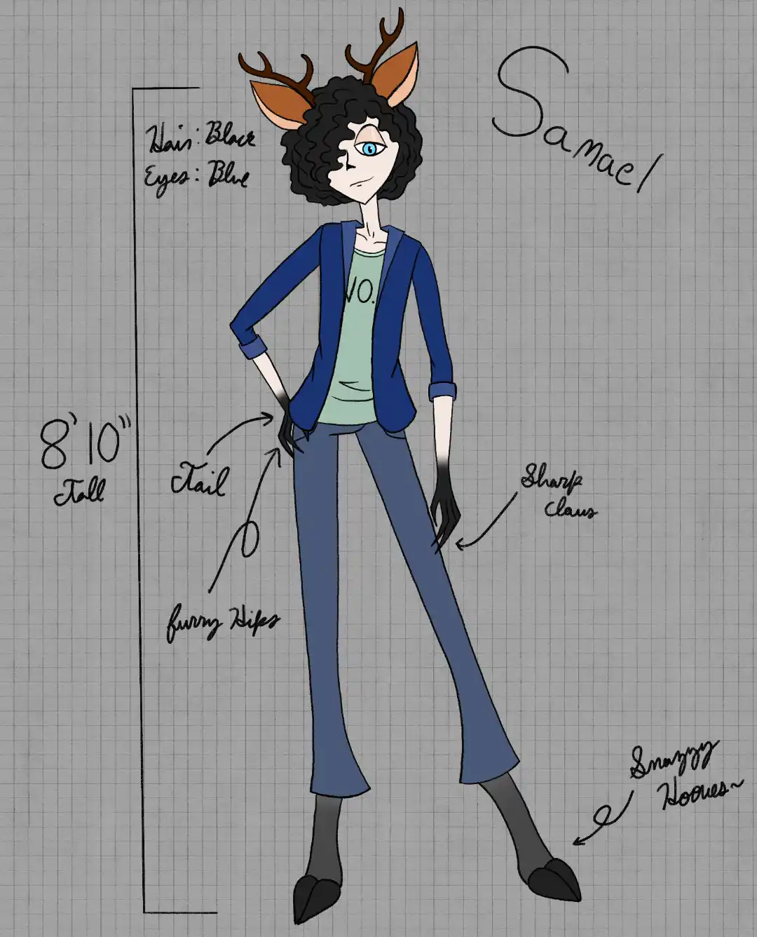 A character design sketch on graph paper shows a tall, slender anthropomorphic deer with black curly hair, blue eyes…