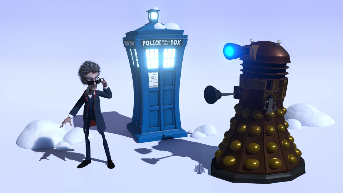 A 3D-rendered image shows a cartoonish, spiky-haired man in a dark suit and sunglasses standing next to a blue police box…
