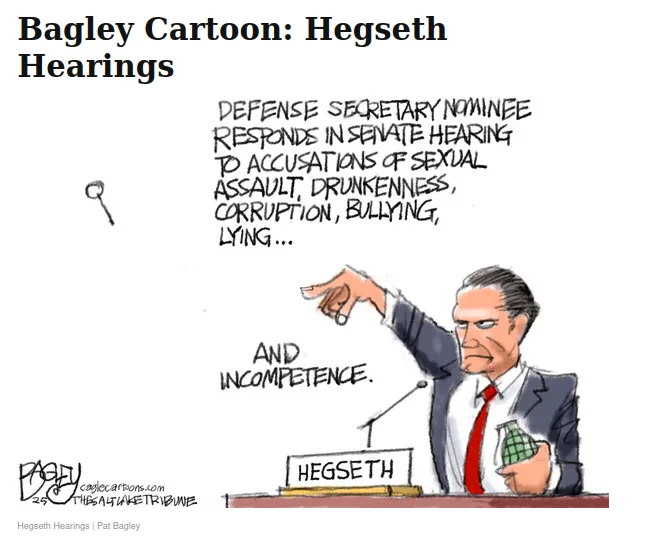 A political cartoon shows a man named Hegseth at a hearing table, pointing accusingly while holding a grenade. Text above…