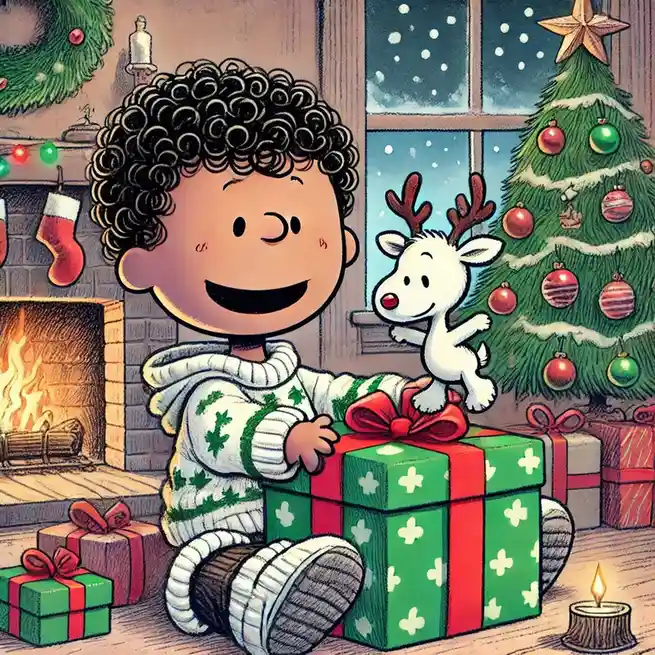 A cheerful cartoon child with curly hair sits on the floor in a cozy Christmas setting, smiling while holding a large green…
