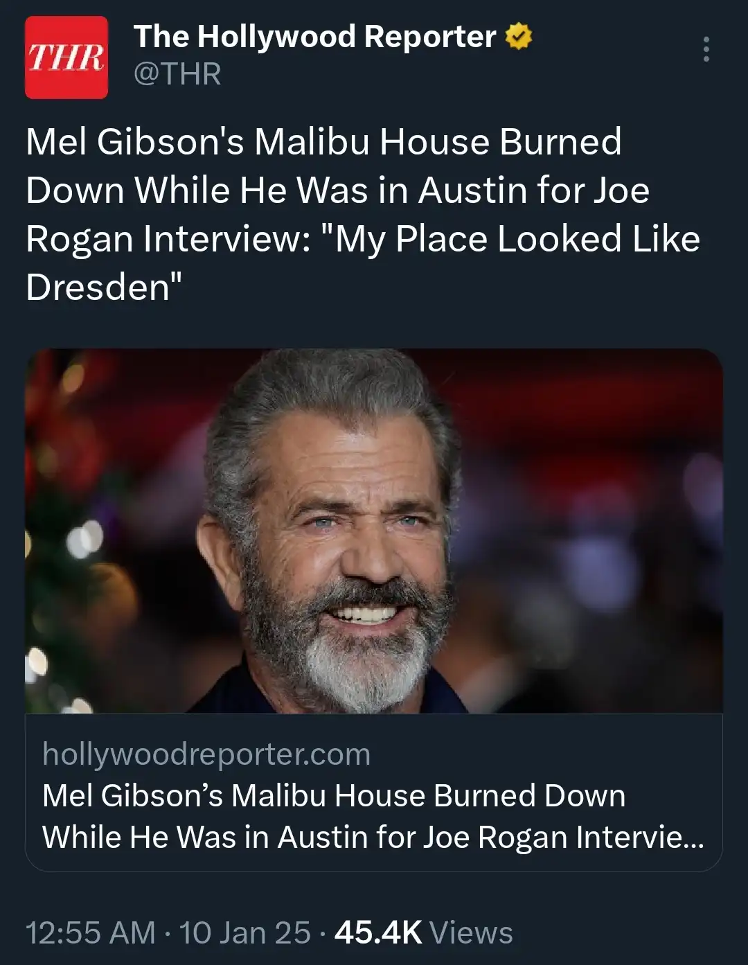 A screenshot of a Twitter post from The Hollywood Reporter showing a photo of Mel Gibson smiling. The tweet's headline…
