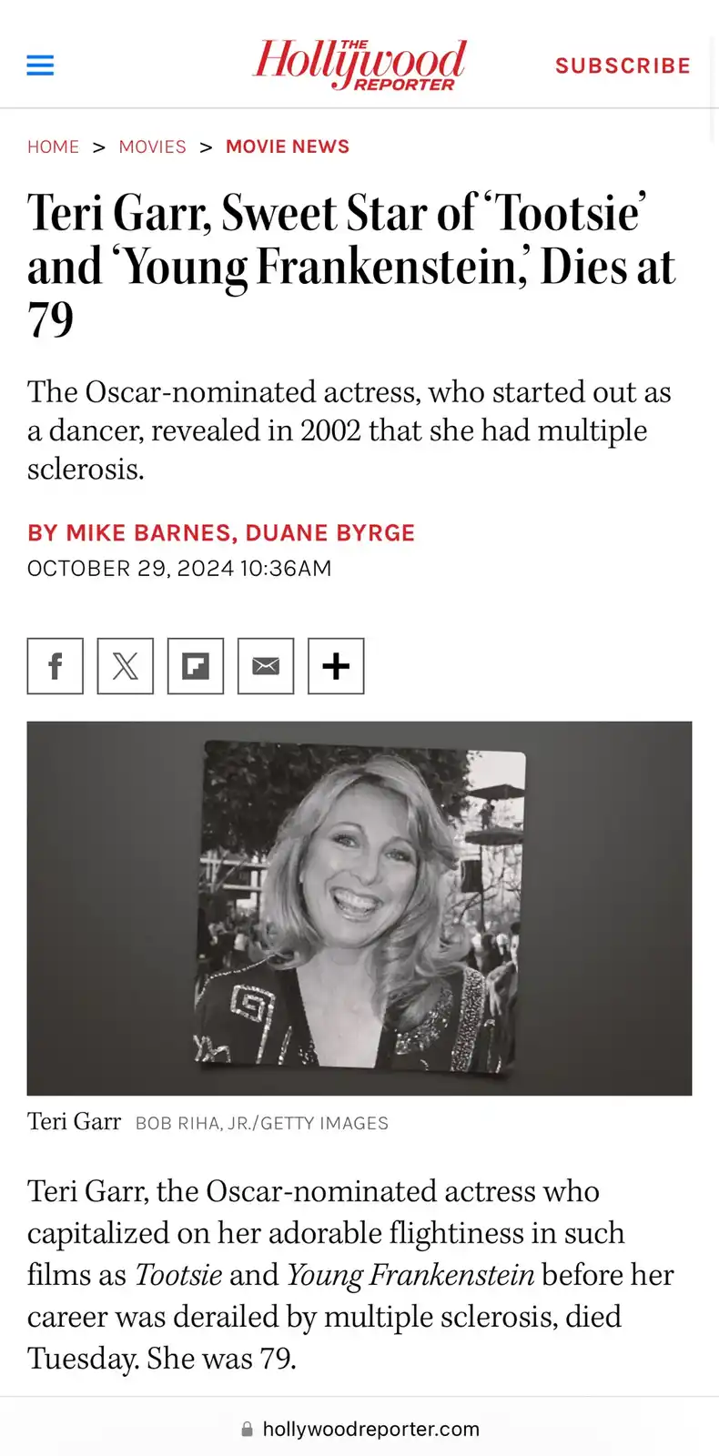 A screenshot of a Hollywood Reporter news article about actress Teri Garr's death at 79, featuring a black-and-white photo…