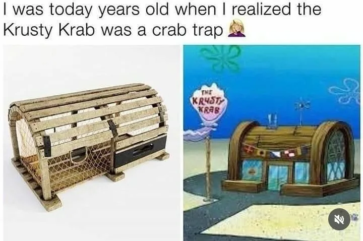 The image is split: left side shows a real wooden crab trap with wire mesh, right side shows the cartoon Krusty Krab…