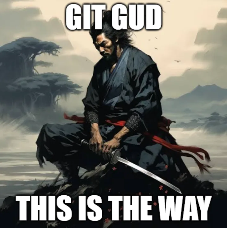 A stern-looking samurai in dark robes with a red sash sits cross-legged on a rocky outcrop, holding a katana, against a…