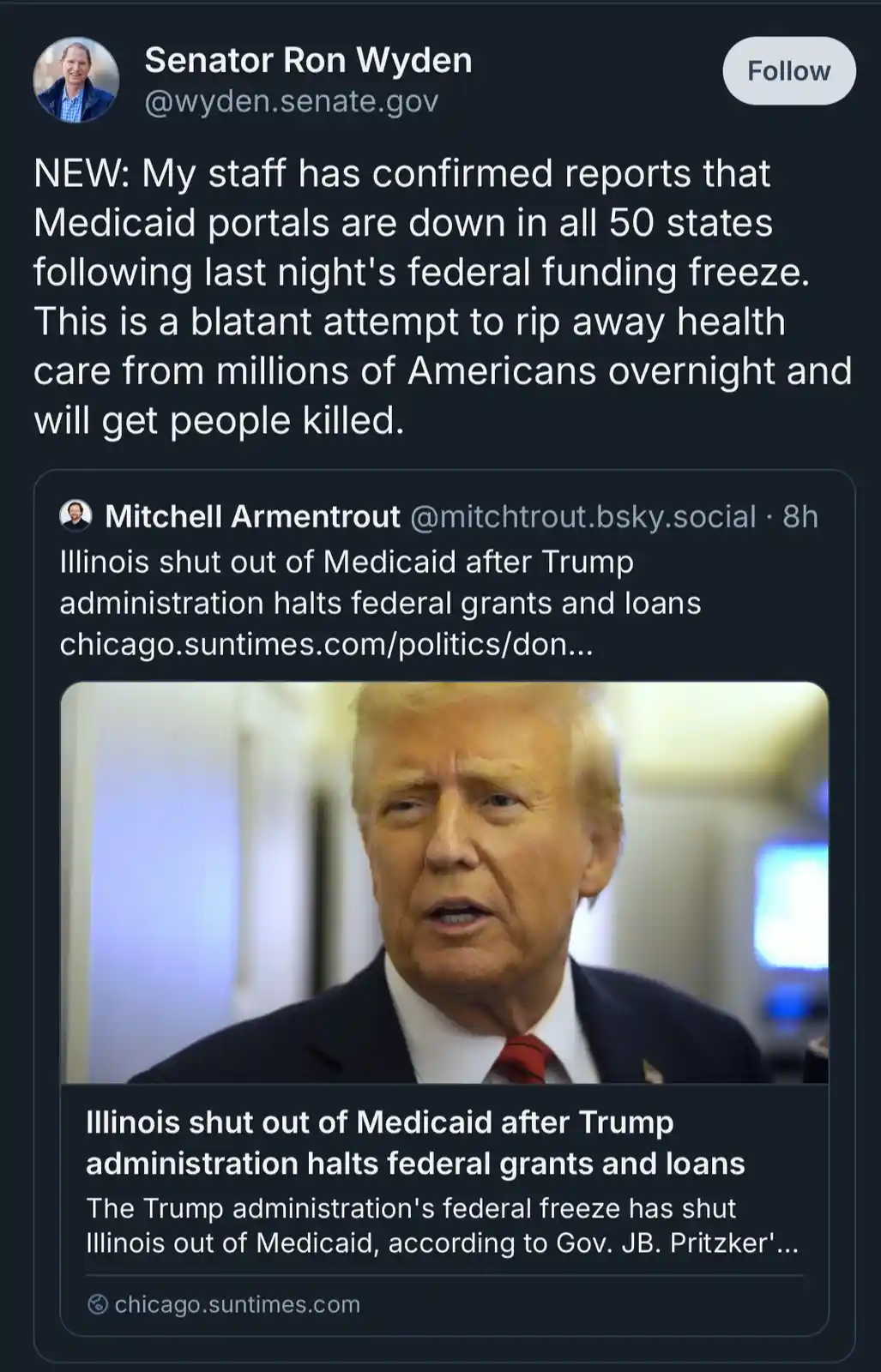 A screenshot of a Twitter thread shows Senator Ron Wyden's tweet claiming Medicaid portals are down nationwide due to a…