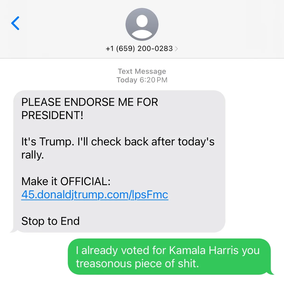A screenshot of a text message conversation shows a political robocall from a number labeled 'Trump' asking the recipient to…
