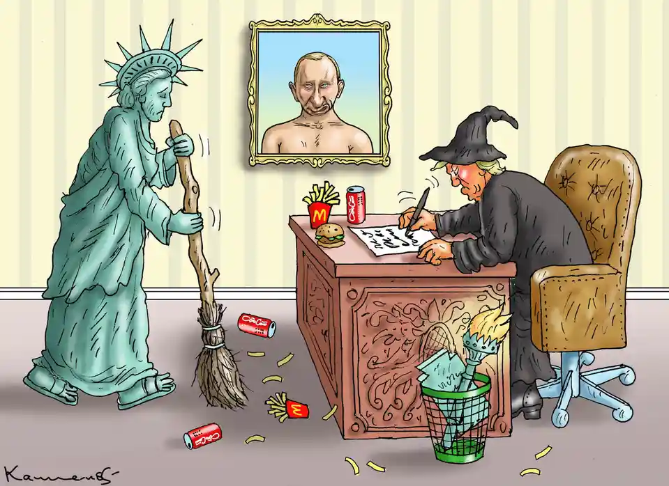 A cartoon depicts the Statue of Liberty sweeping up McDonald's fries and Coca-Cola cans from the floor while a witch in a…