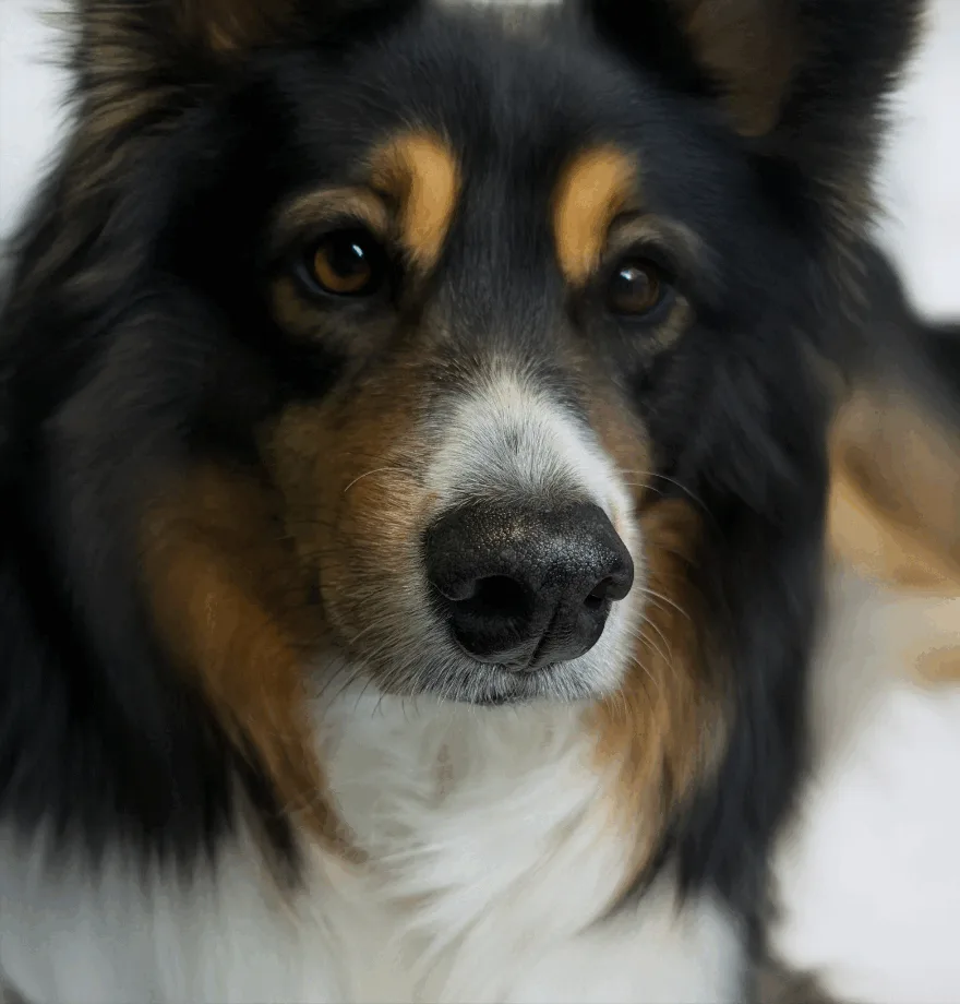 A six-panel grid shows a tri-color dog (black, tan, white) in close-up, with each panel showing a different eye color or…