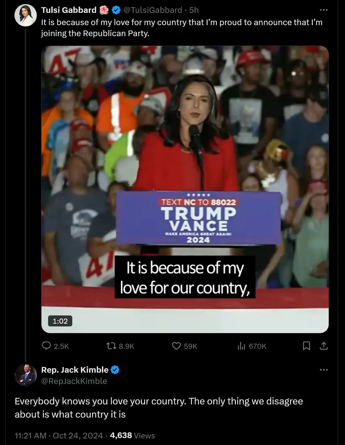 A screenshot of a tweet by Tulsi Gabbard shows her speaking at a Trump-Vance 2024 campaign event, with a text overlay…