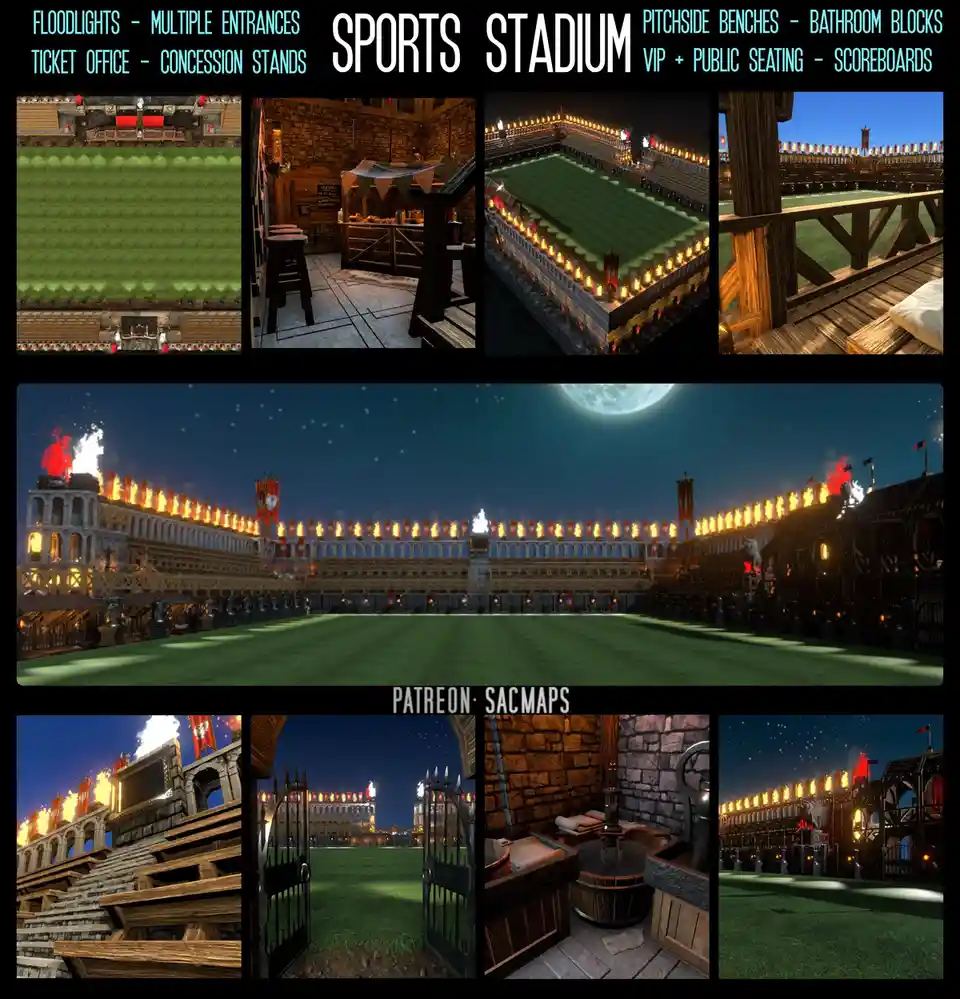 A collage of screenshots from a medieval-themed video game showcasing a custom-built sports stadium with features like…