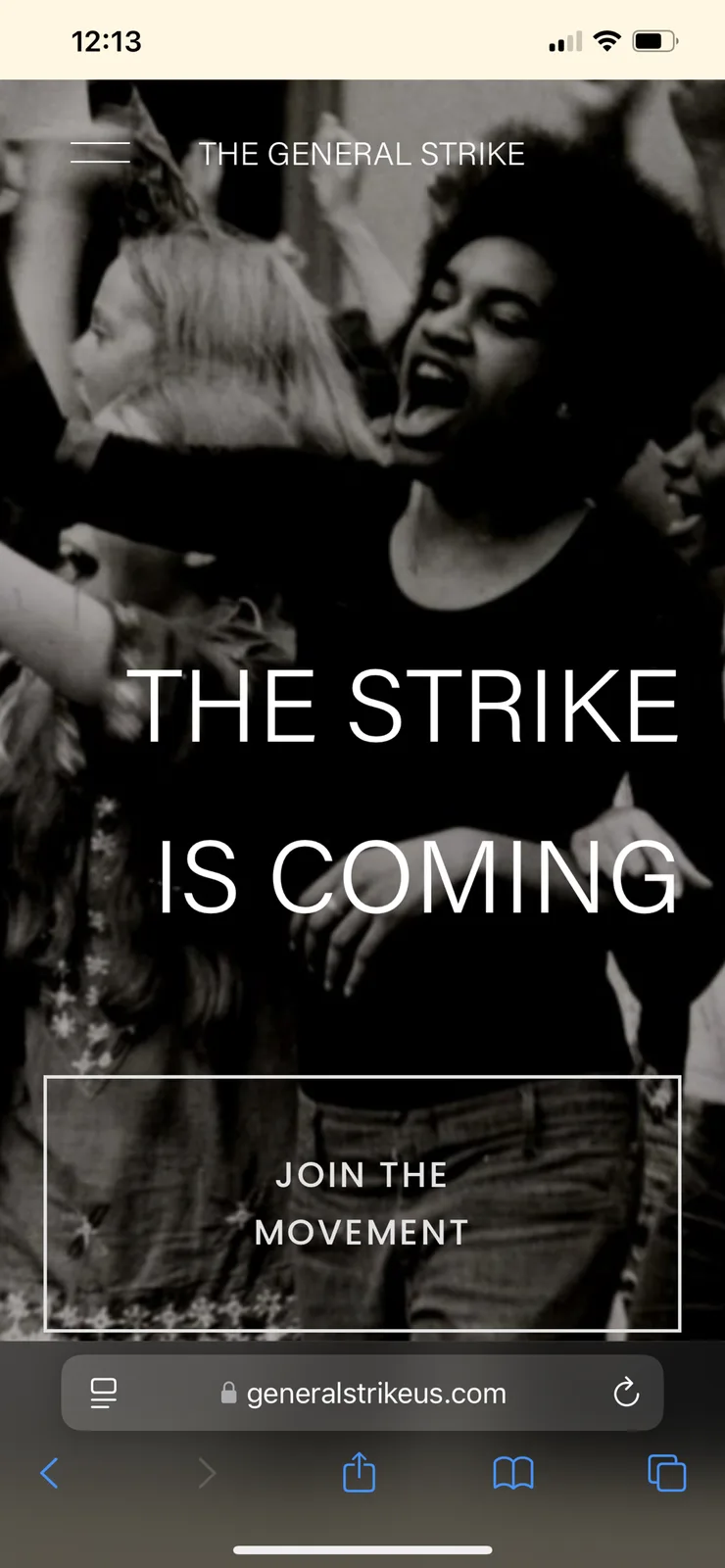 A black and white smartphone screenshot of a website titled 'THE GENERAL STRIKE' with large text overlay reading 'THE STRIKE…