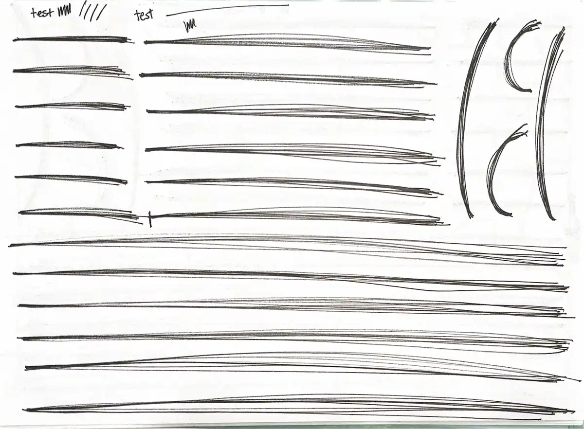 A hand-drawn image on lined paper shows multiple rows of horizontal pencil or pen strokes, varying in thickness and number…