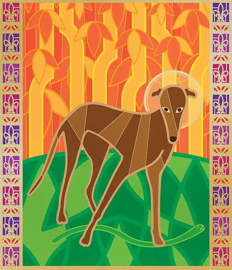 A stylized illustration of a slender brown greyhound standing on green foliage against a warm orange and yellow background…
