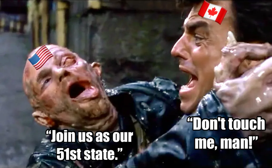 A still from a movie shows two men in a violent confrontation. The man on the left, with an American flag on his head, is…