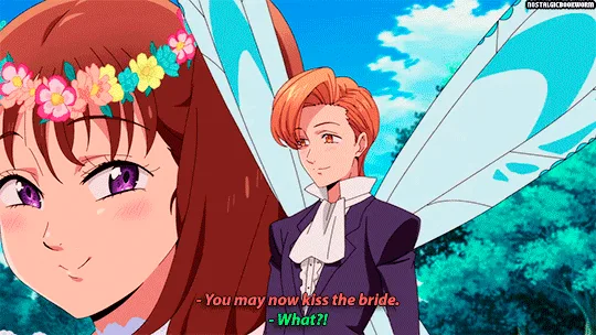 A horizontal strip of anime frames shows a bride with a floral crown and a groom in a suit, both with fairy wings. The…