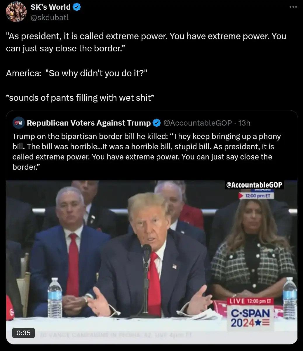 A screenshot of Donald Trump speaking at a C-SPAN 2024 event, with overlaid text quoting him saying 'As president, it is…