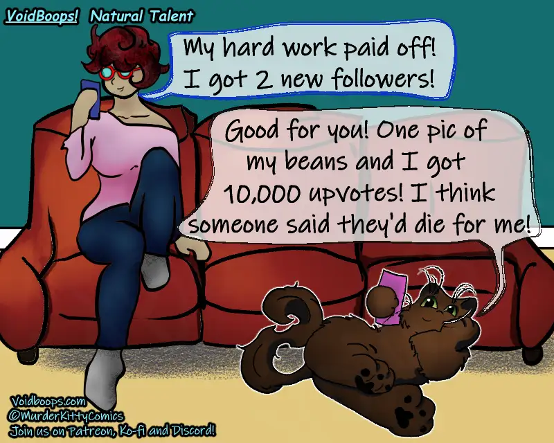 A cartoon woman with red hair and glasses sits on a red couch holding a phone, celebrating two new followers. A brown cat…