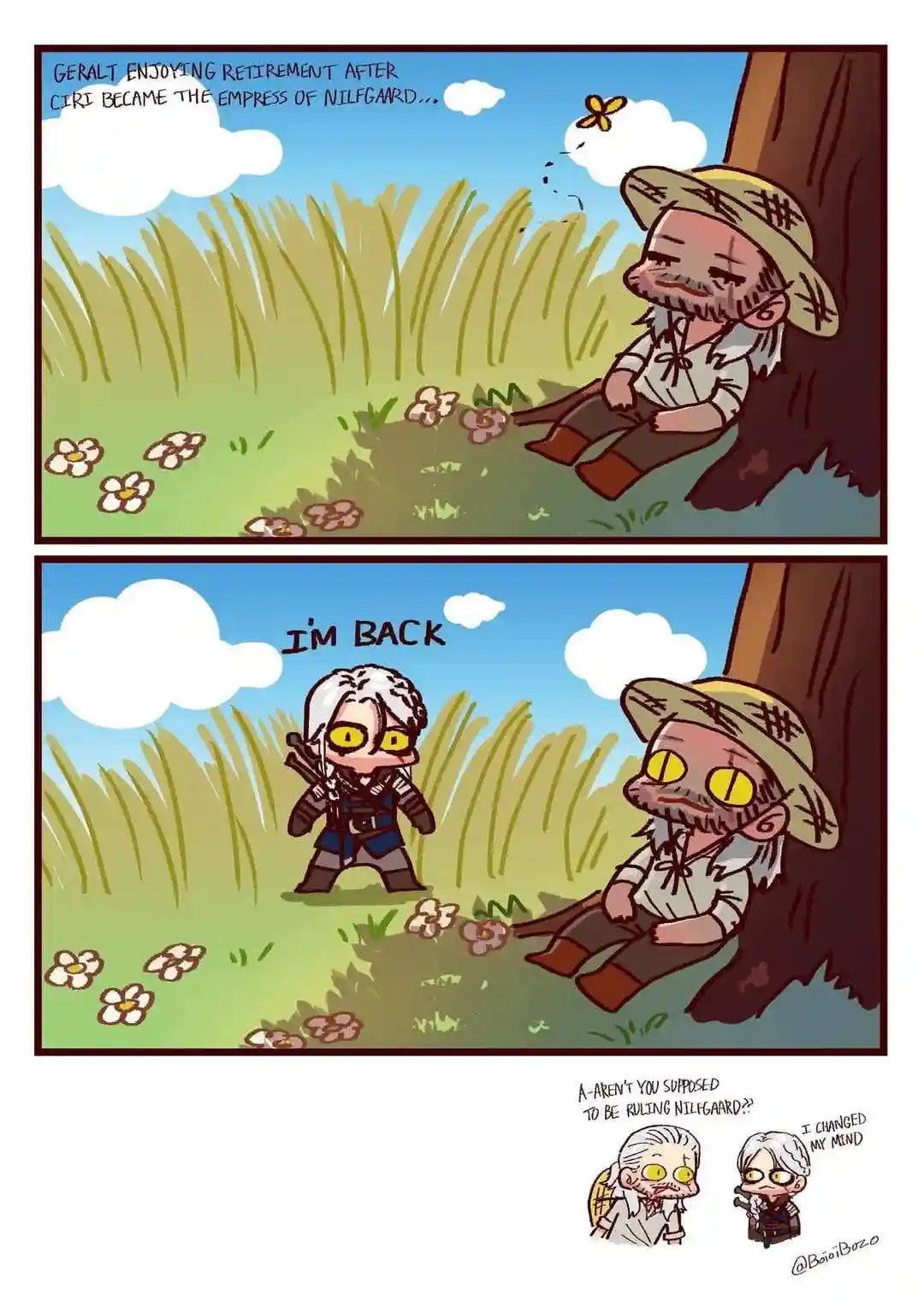 A two-panel comic shows Geralt of Rivia relaxing in retirement under a tree, with text stating he's enjoying peace after his…