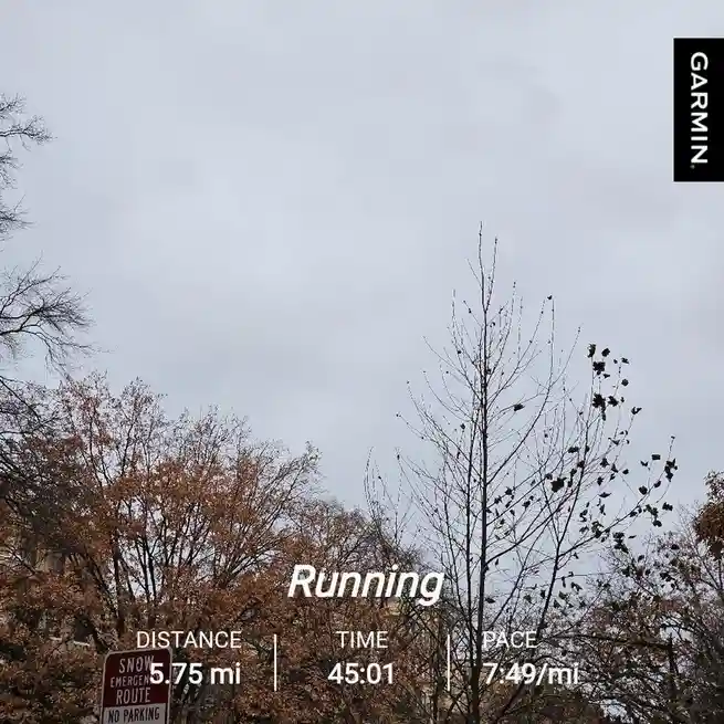 A screenshot from a Garmin fitness tracker shows a running workout with stats: 5.75 miles distance, 45 minutes 1 second…